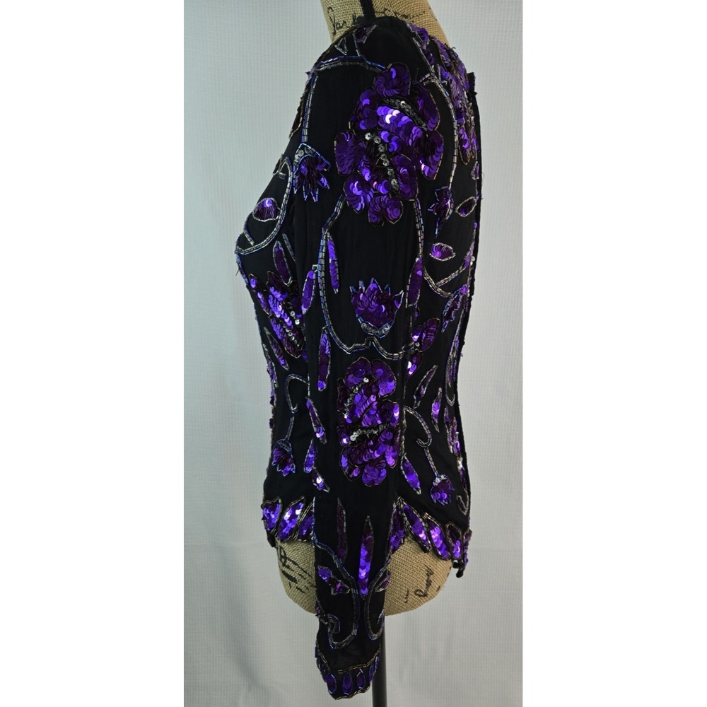 women's 100% Silk Purple Floral Festival live house sequin blouse Top size PS - Picture 7 of 7